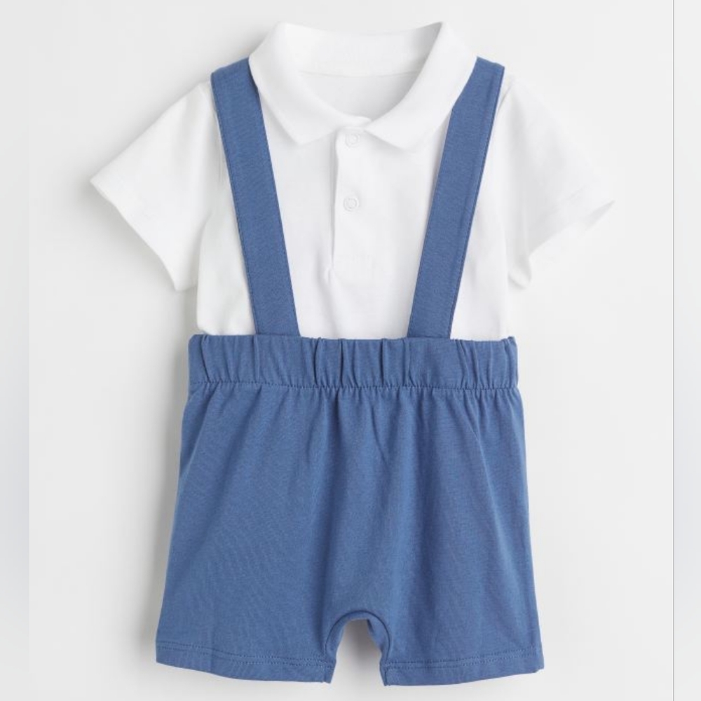 2-Piece Polo Shirt & Shorts Set-Blue/White